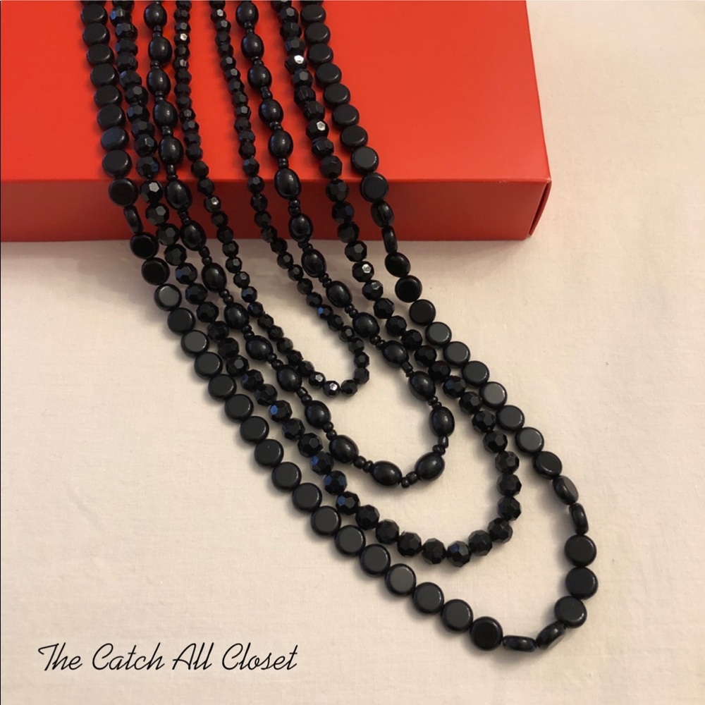 Long Multi-Strand Black Beaded Necklace
